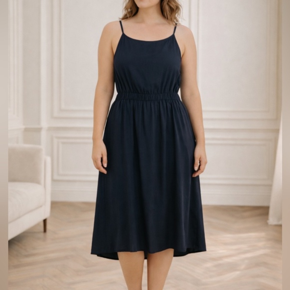 Sita Murt Navy Minimalist Midi Tank Dress Spaghetti Strap Stretch